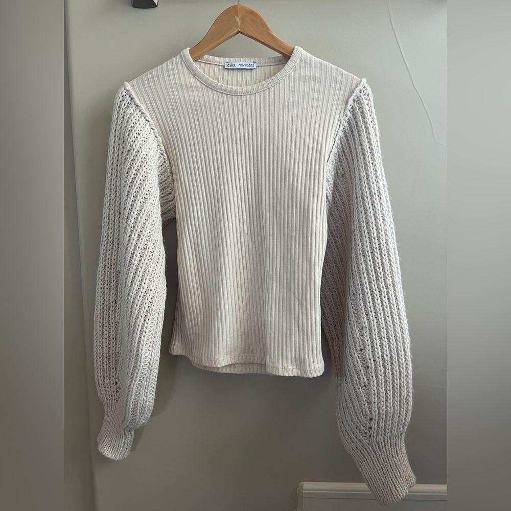 ZARA Knit Combo Sweater Top Puff Sleeve Ribbed Small